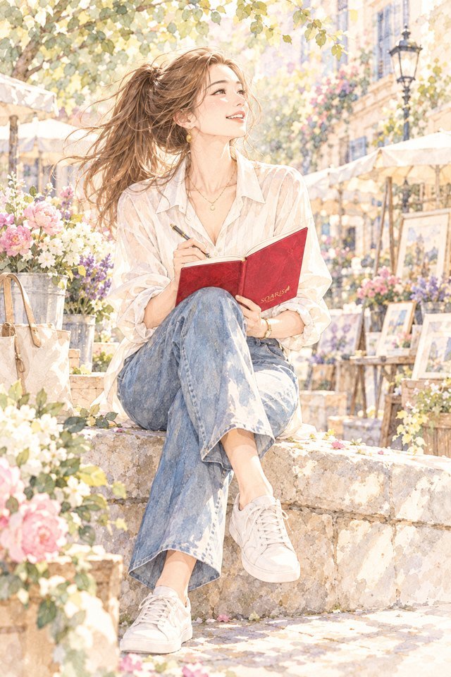 デニム姿で外出し、赤い手帳にひらめきを書き留める女性