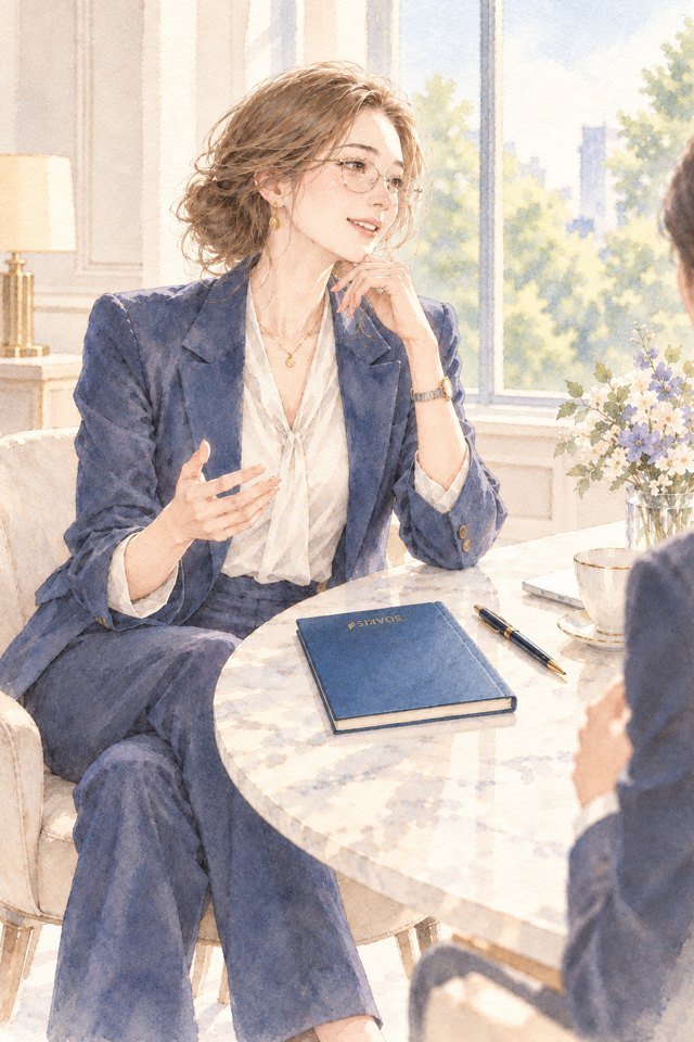 スーツと眼鏡を身につけ、青い手帳を傍らに打ち合わせをする同じ女性