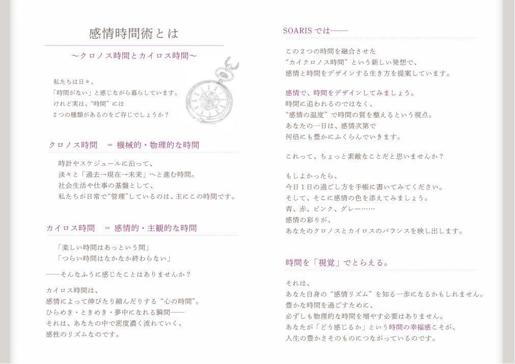 感情時間術とは。時計で測る時間と心で感じる時間を解説する実際の見開きページ